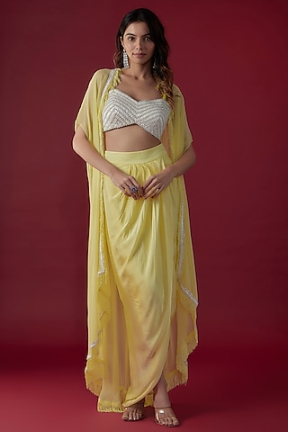 Yellow Georgette Sequins Embroidered Cape Set by Kresha Lulla