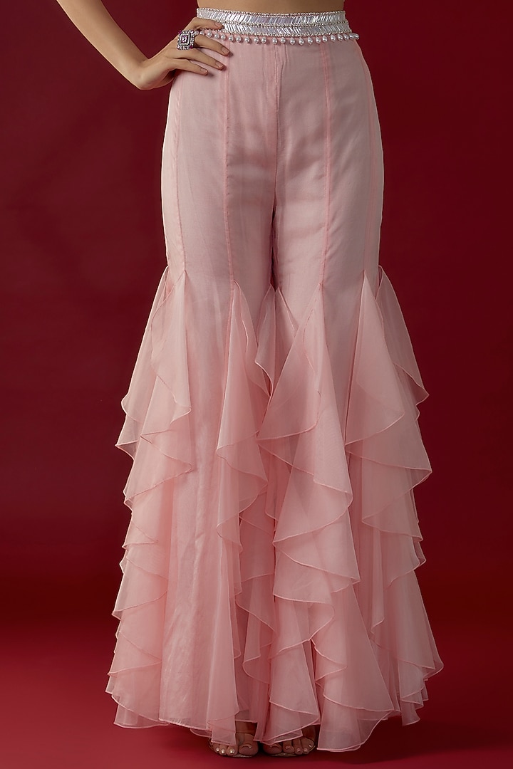Blush Pink Organza Ruffled Pant Set by Kresha Lulla at Pernia's Pop Up Shop