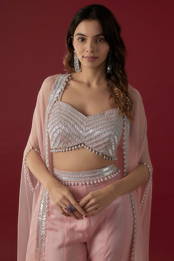 Blush Pink Organza Ruffled Pant Set by Kresha Lulla at Pernia's Pop Up Shop
