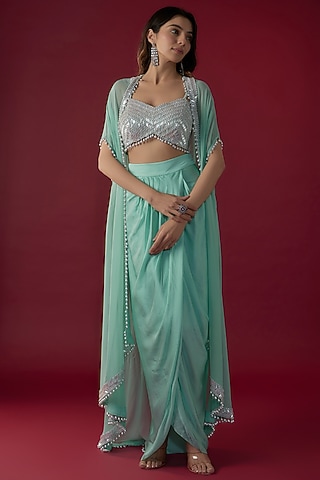 Aqua Mint Georgette Sequins Embroidered Cape Set by Kresha Lulla