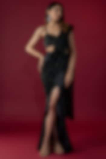 Black Satin & Tulle Sequins Embroidered Pre-Stitched Reception Saree Set by Kresha Lulla at Pernia's Pop Up Shop