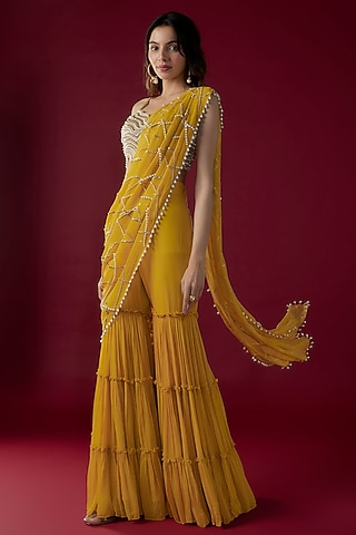 Mustard Georgette Sequins Embroidered Tiered Sharara Saree Set by Kresha Lulla
