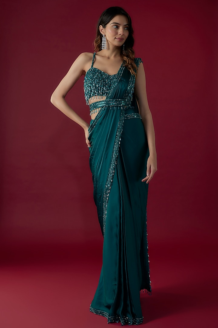 Teal Green Satin Sequins Embroidered Pre-Stitched Reception Saree Set by Kresha Lulla at Pernia's Pop Up Shop