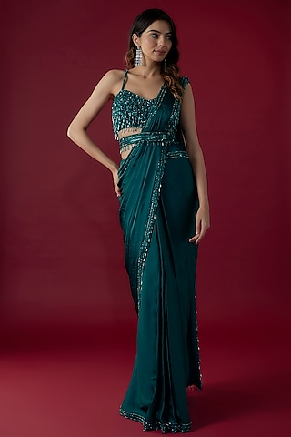Teal Green Satin Sequins Embroidered Pre-Stitched Saree Set  by Kresha Lulla
