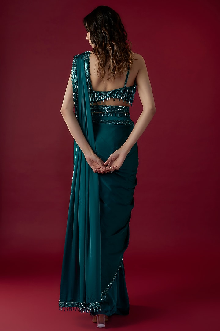 Teal Green Satin Sequins Embroidered Pre-Stitched Reception Saree Set by Kresha Lulla at Pernia's Pop Up Shop