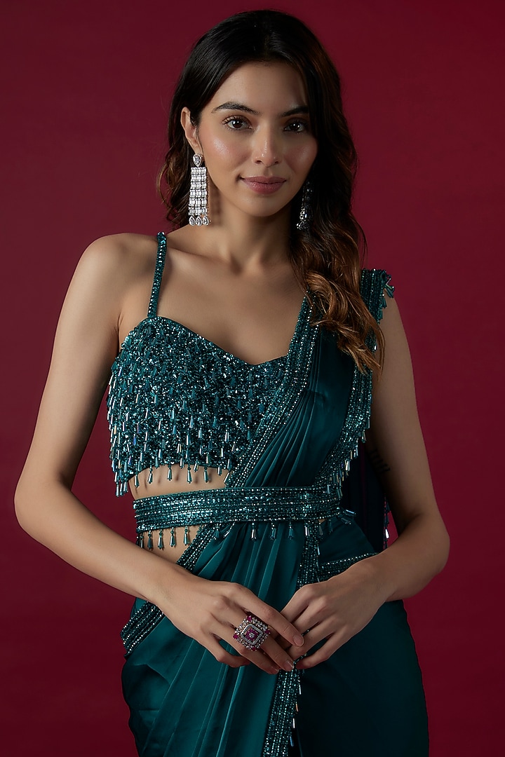 Teal Green Satin Sequins Embroidered Pre-Stitched Reception Saree Set by Kresha Lulla at Pernia's Pop Up Shop