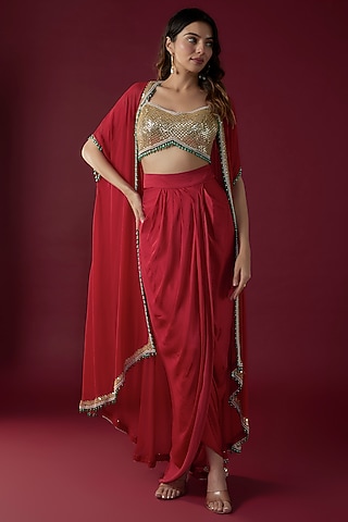 Red Cotton Satin Dhoti Set by Kresha Lulla
