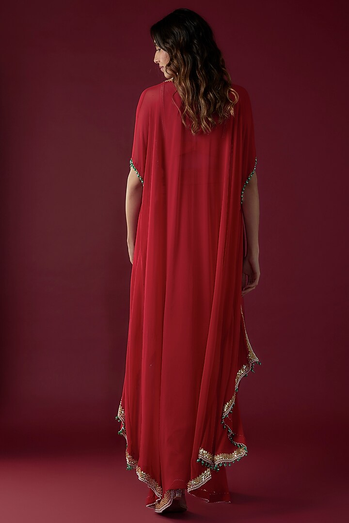 Red Cotton Satin Dhoti Set by Kresha Lulla at Pernia's Pop Up Shop