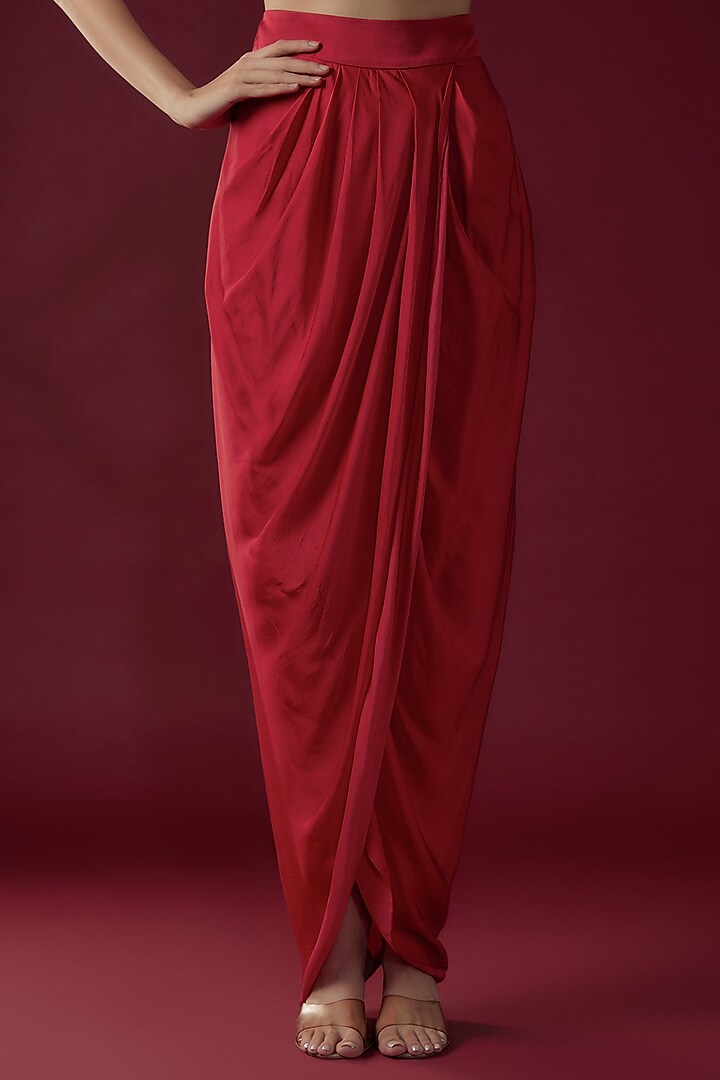 Red Cotton Satin Dhoti Set by Kresha Lulla at Pernia's Pop Up Shop