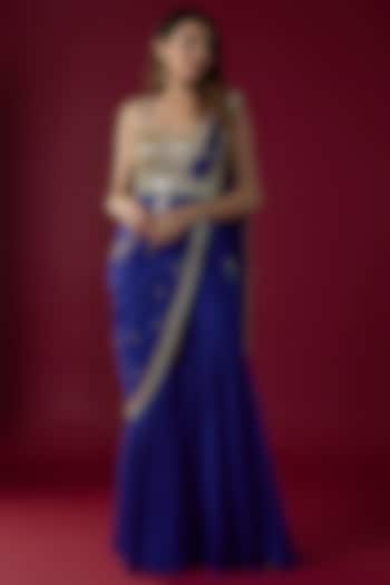Royal Blue Georgette Sequins Embroidered Sharara Reception Saree Set by Kresha Lulla at Pernia's Pop Up Shop