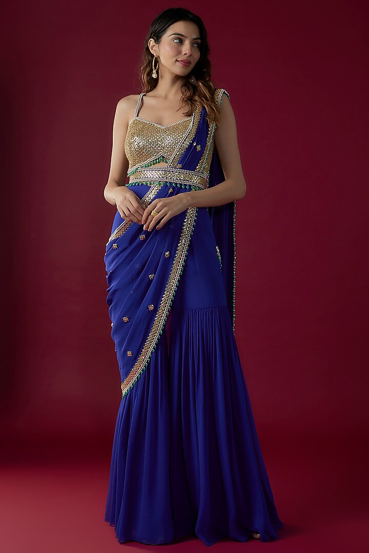 Royal Blue Georgette Sequins Embroidered Sharara Reception Saree Set by Kresha Lulla at Pernia's Pop Up Shop