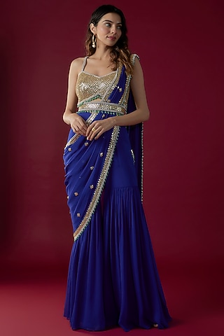 Royal Blue Georgette Sequins Embroidered Sharara Saree Set by Kresha Lulla