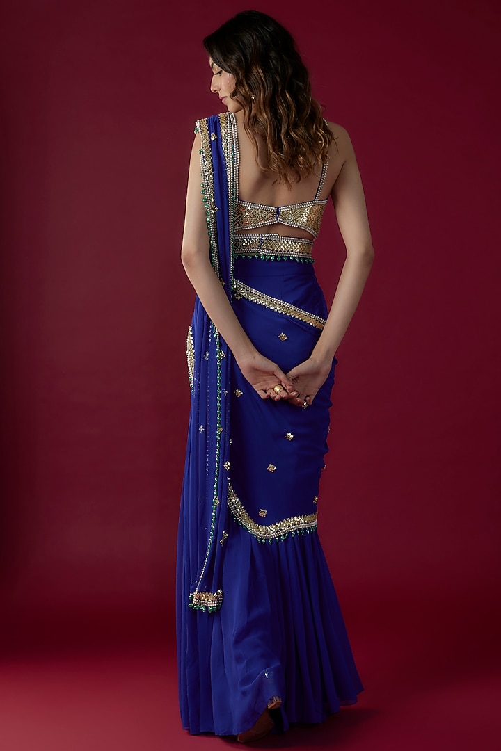 Royal Blue Georgette Sequins Embroidered Sharara Reception Saree Set by Kresha Lulla at Pernia's Pop Up Shop