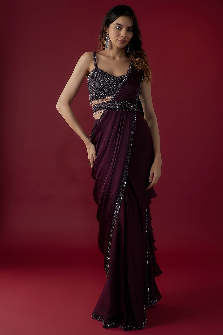 Aubergine Satin Cutdana Embroidered Pre-Stitched Ruffled Reception Saree Set by Kresha Lulla at Pernia's Pop Up Shop