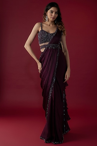 Aubergine Satin Cutdana Embroidered Pre-Stitched Ruffled Saree Set by Kresha Lulla