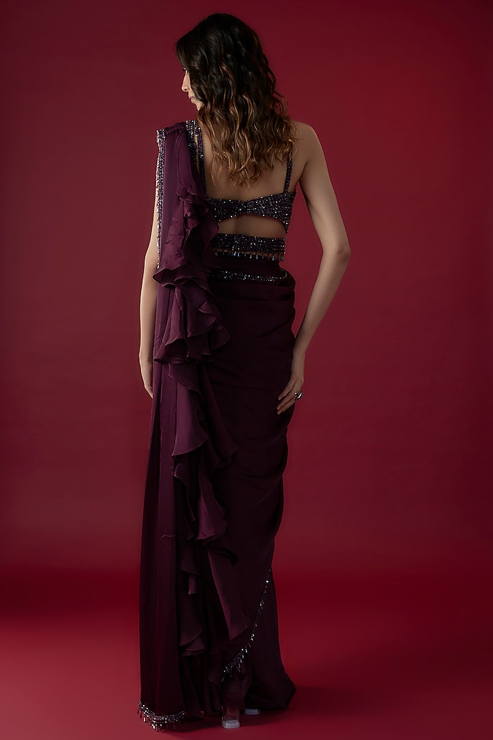 Aubergine Satin Cutdana Embroidered Pre-Stitched Ruffled Reception Saree Set by Kresha Lulla at Pernia's Pop Up Shop