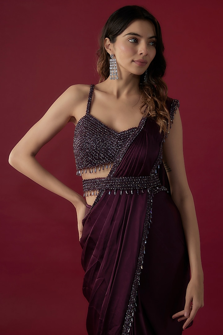 Aubergine Satin Cutdana Embroidered Pre-Stitched Ruffled Reception Saree Set by Kresha Lulla at Pernia's Pop Up Shop