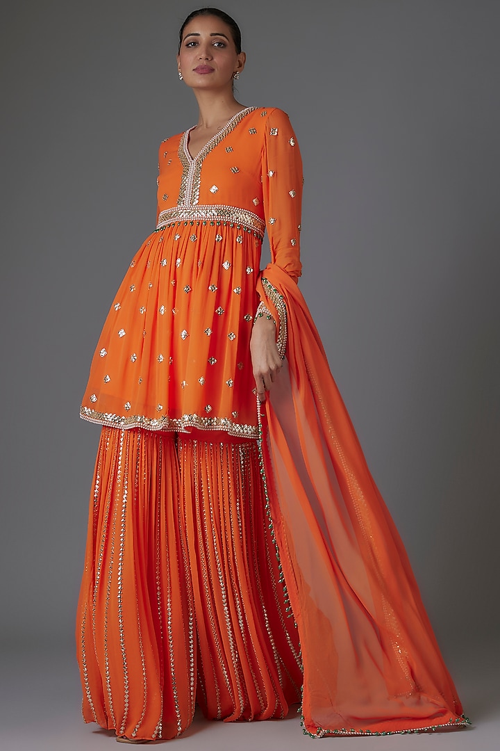 Orange Georgette Sequins Embroidered Sharara Set by Kresha Lulla at Pernia's Pop Up Shop