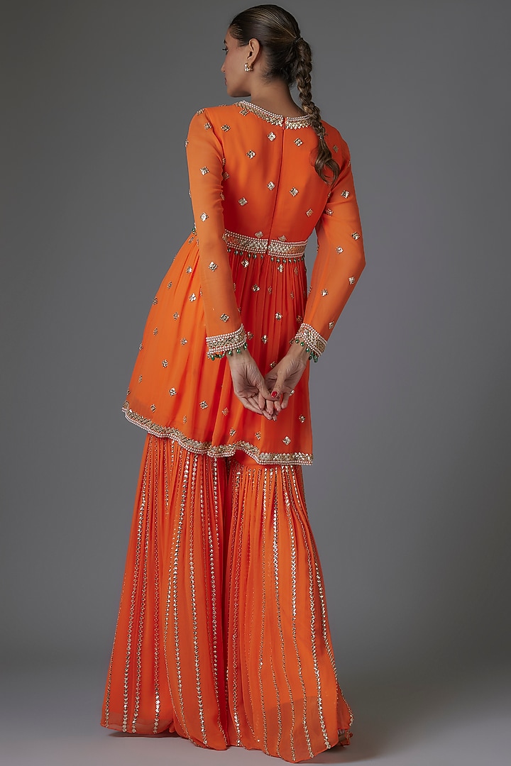 Orange Georgette Sequins Embroidered Bridal Sharara Set by Kresha Lulla at Pernia's Pop Up Shop