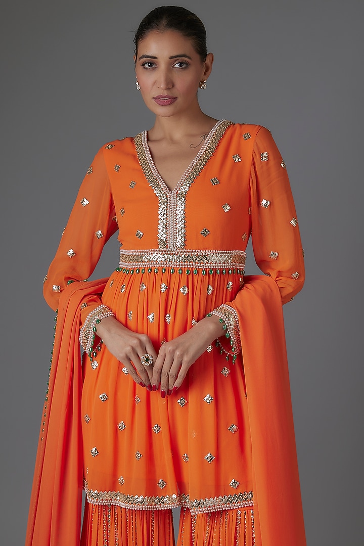 Orange Georgette Sequins Embroidered Bridal Sharara Set by Kresha Lulla at Pernia's Pop Up Shop