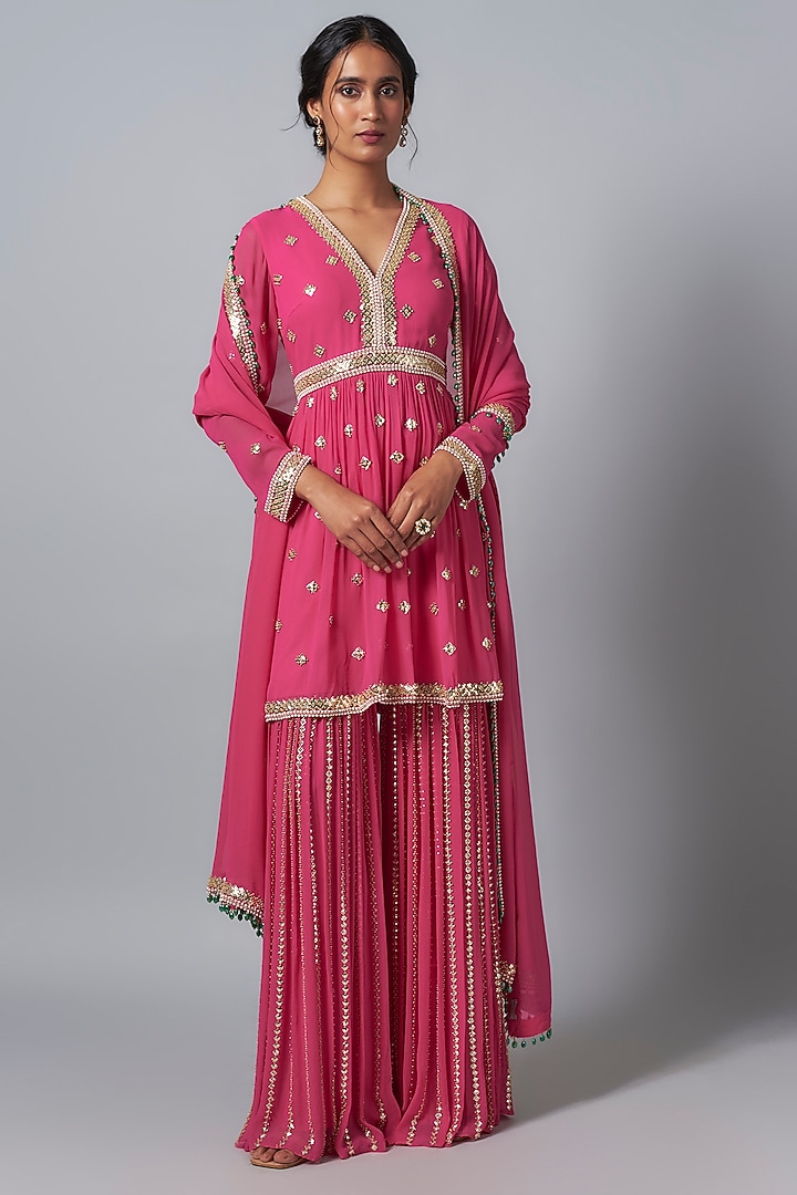 Pink Georgette Sequins Embroidered Bridal Sharara Set by Kresha Lulla at Pernia's Pop Up Shop