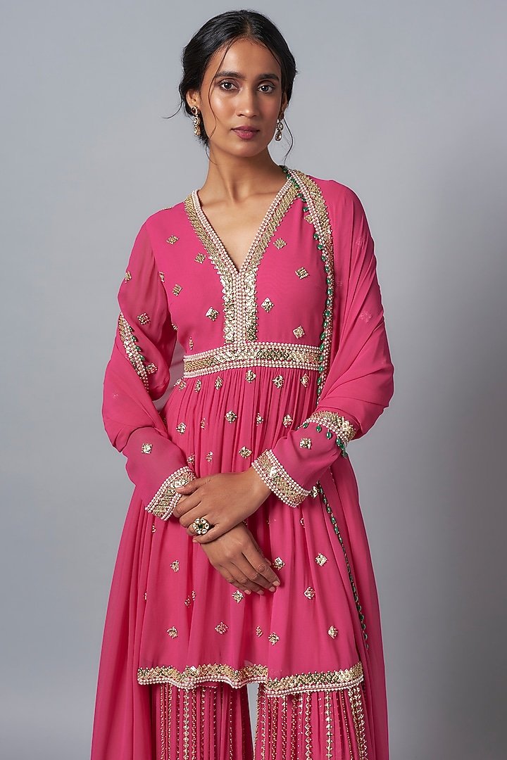 Pink Georgette Sequins Embroidered Bridal Sharara Set by Kresha Lulla at Pernia's Pop Up Shop
