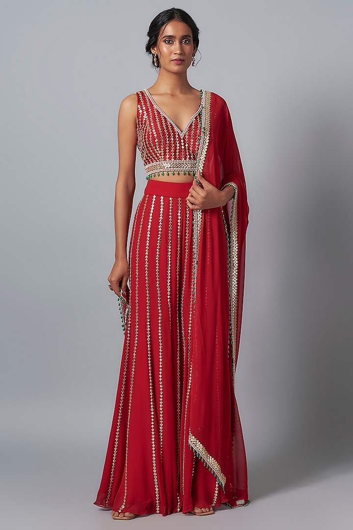 Crimson Red Raw Silk Sequins Embroidered Sharara Set by Kresha Lulla at Pernia's Pop Up Shop