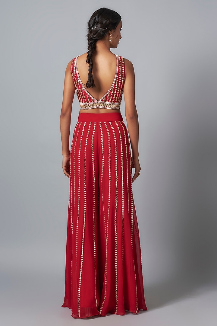 Crimson Red Raw Silk Sequins Embroidered Bridal Sharara Set by Kresha Lulla at Pernia's Pop Up Shop