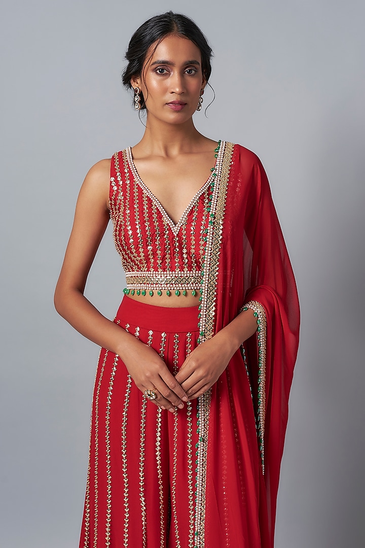 Crimson Red Raw Silk Sequins Embroidered Bridal Sharara Set by Kresha Lulla at Pernia's Pop Up Shop