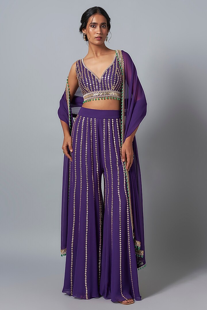 Purple Raw Silk Sequins Embroidered Bridal Sharara Set by Kresha Lulla at Pernia's Pop Up Shop