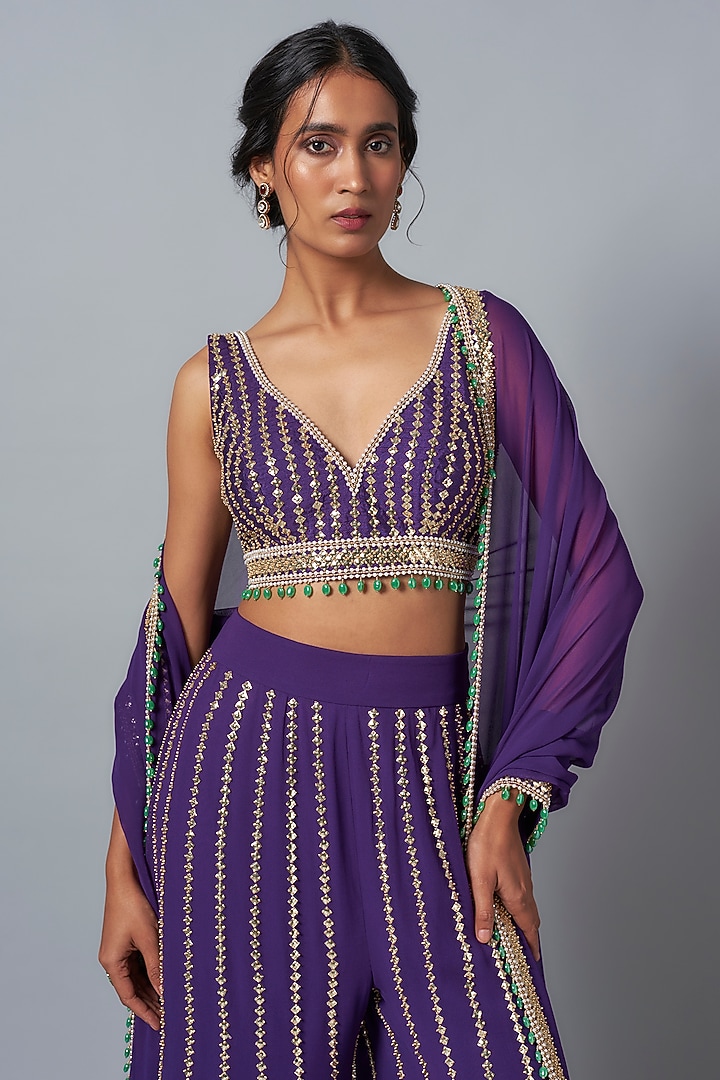 Purple Raw Silk Sequins Embroidered Bridal Sharara Set by Kresha Lulla at Pernia's Pop Up Shop
