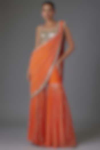 Orange Georgette Sequins & Bead Embroidered Sharara Saree Set by Kresha Lulla at Pernia's Pop Up Shop