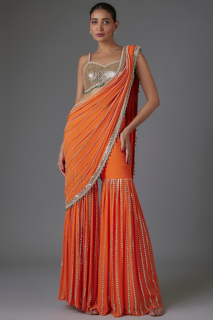 Orange Georgette Sequins & Bead Embroidered Sharara Saree Set by Kresha Lulla at Pernia's Pop Up Shop