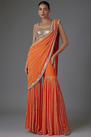 Orange Georgette Sequins & Bead Embroidered Sharara Saree Set by Kresha Lulla