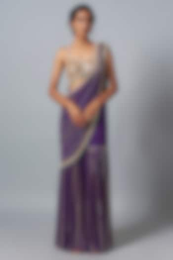 Purple Georgette Sequins Embroidered Sharara Saree Set by Kresha Lulla at Pernia's Pop Up Shop