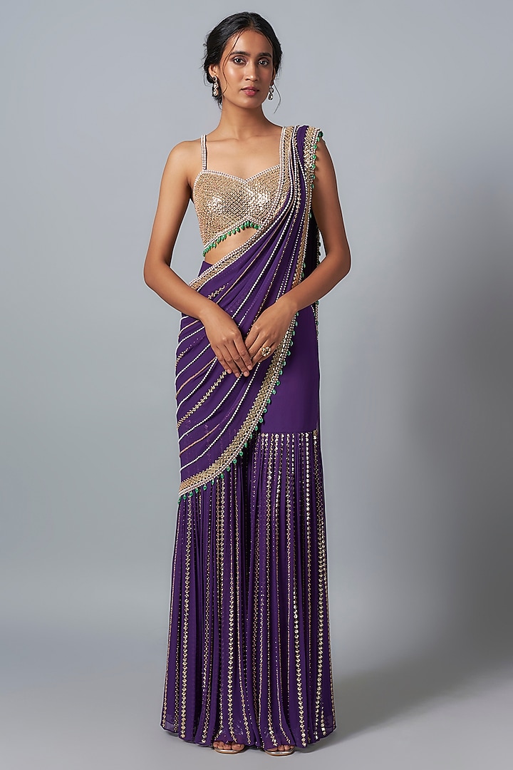 Purple Georgette Sequins Embroidered Sharara Saree Set by Kresha Lulla at Pernia's Pop Up Shop