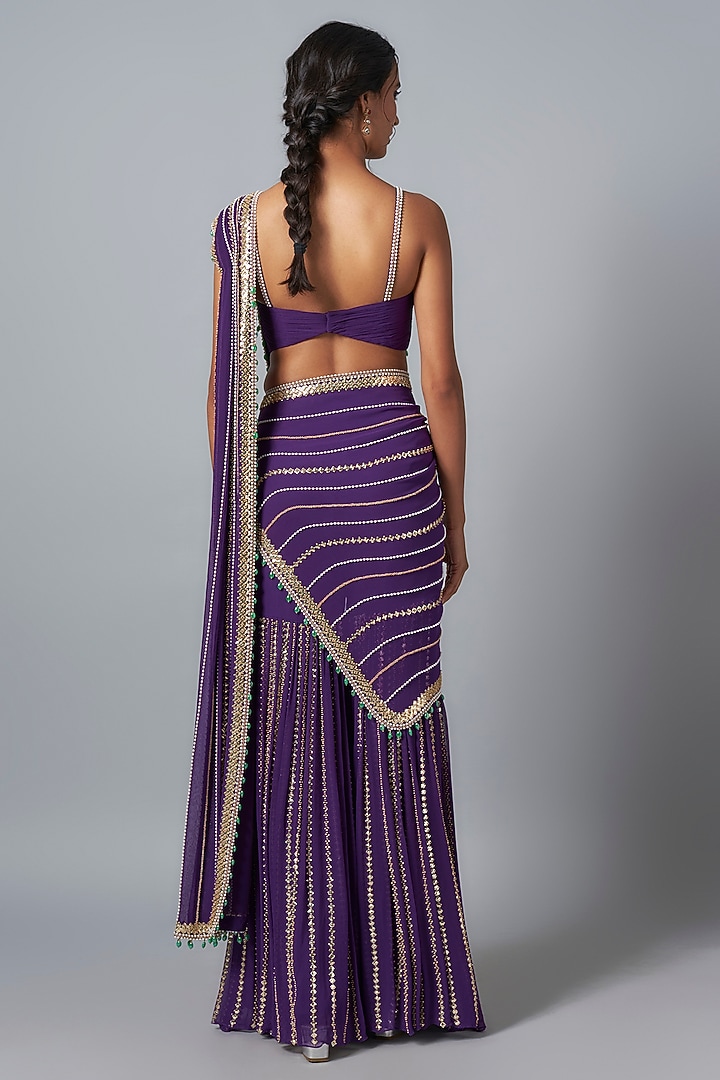 Purple Georgette Sequins Embroidered Sharara Reception Saree Set by Kresha Lulla at Pernia's Pop Up Shop