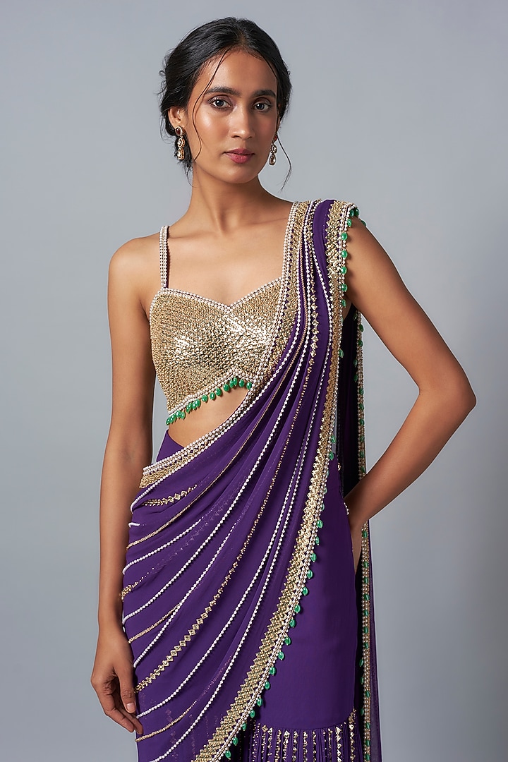 Purple Georgette Sequins Embroidered Sharara Reception Saree Set by Kresha Lulla at Pernia's Pop Up Shop
