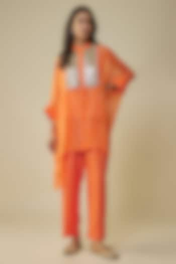 Tangerine Georgette Sequins Embroidered Kaftan Set by Kresha Lulla at Pernia's Pop Up Shop