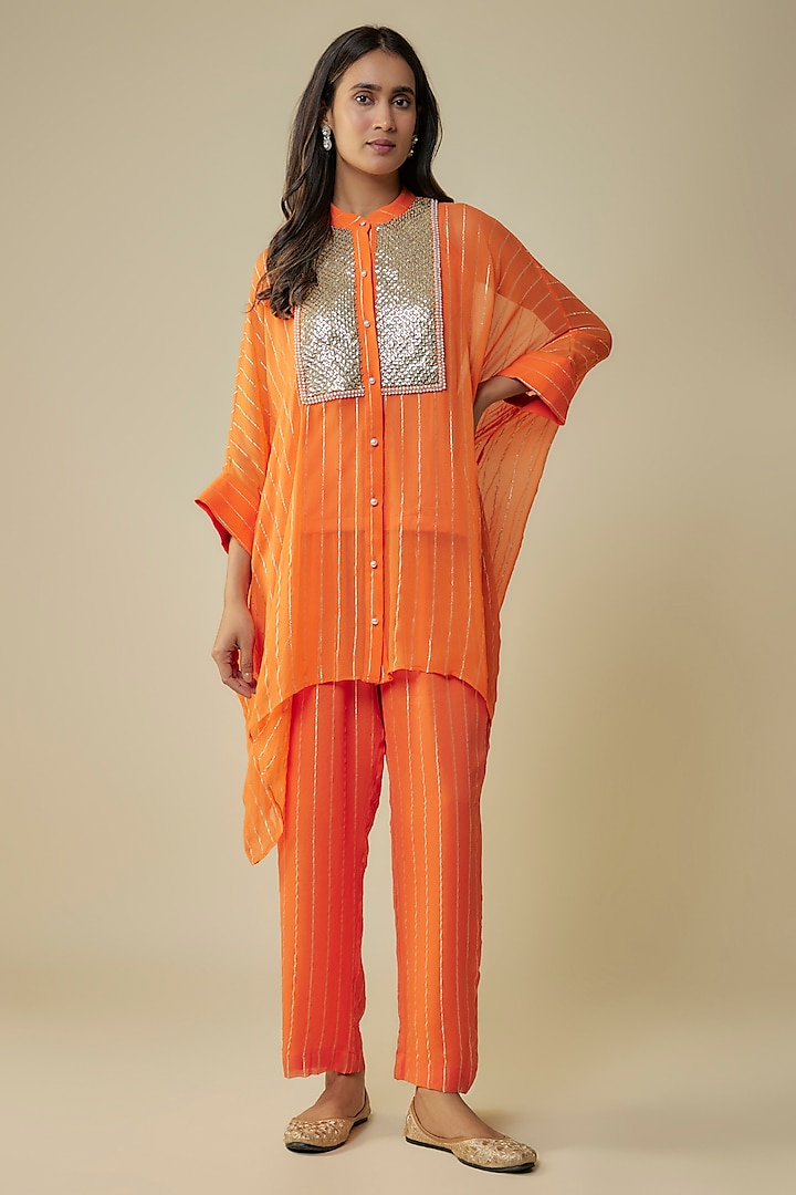 Tangerine Georgette Sequins Embroidered Kaftan Set by Kresha Lulla at Pernia's Pop Up Shop