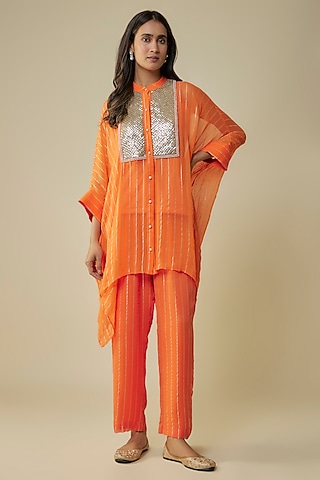 Tangerine Georgette Sequins Embroidered Kaftan Set by Kresha Lulla