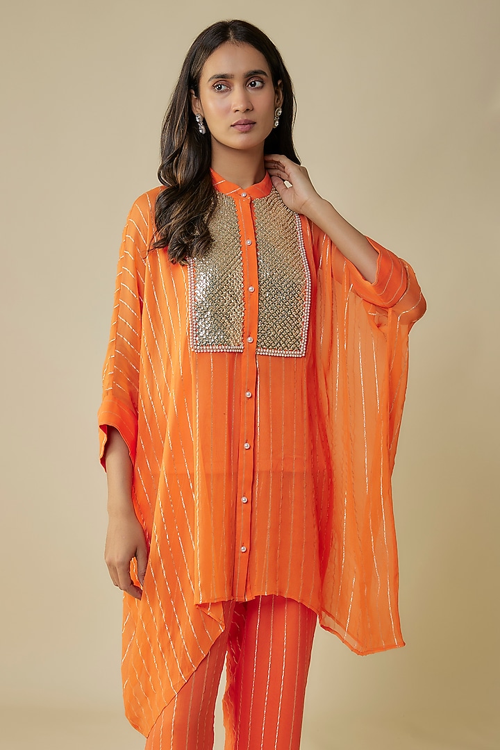 Tangerine Georgette Sequins Embroidered Kaftan Set by Kresha Lulla at Pernia's Pop Up Shop