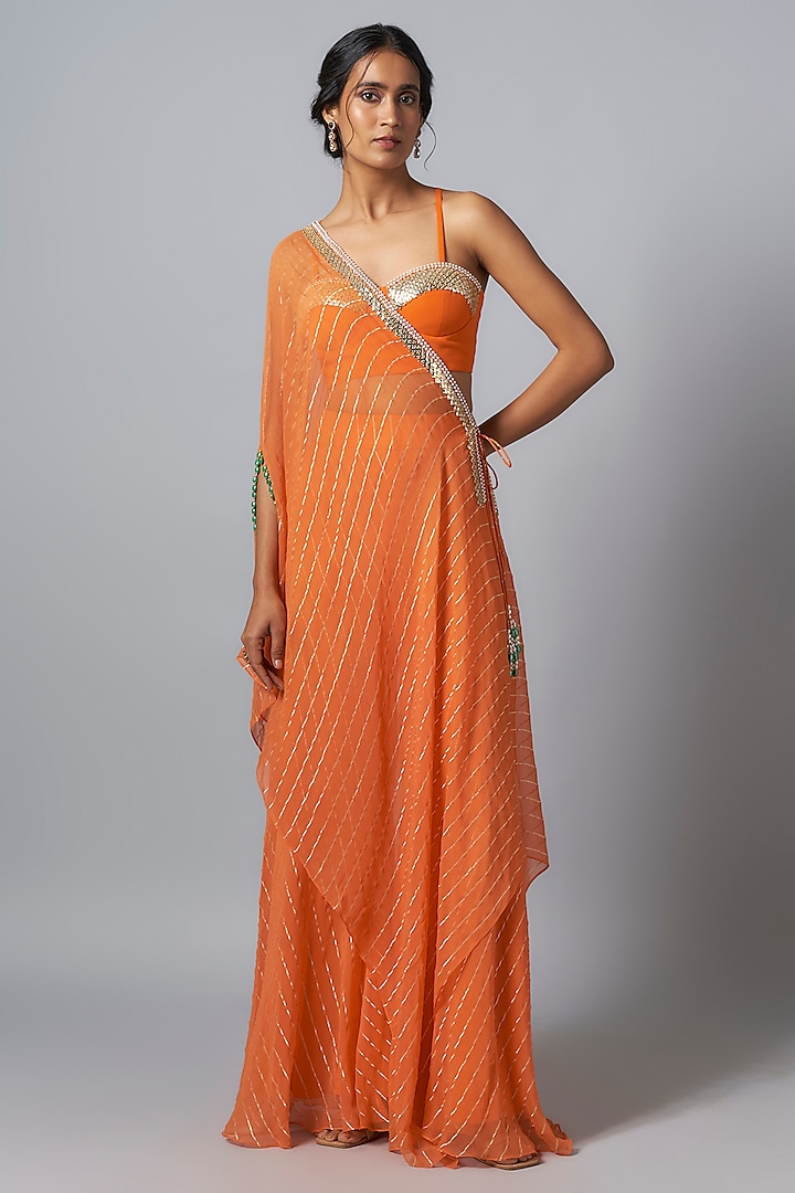 Tangerine Georgette Asymmetrical Gota Striped Cape Set by Kresha Lulla at Pernia's Pop Up Shop