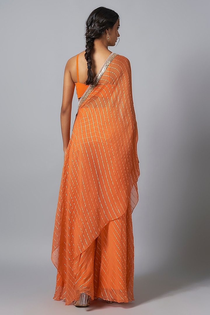 Tangerine Georgette Asymmetrical Gota Striped Cape Set by Kresha Lulla at Pernia's Pop Up Shop