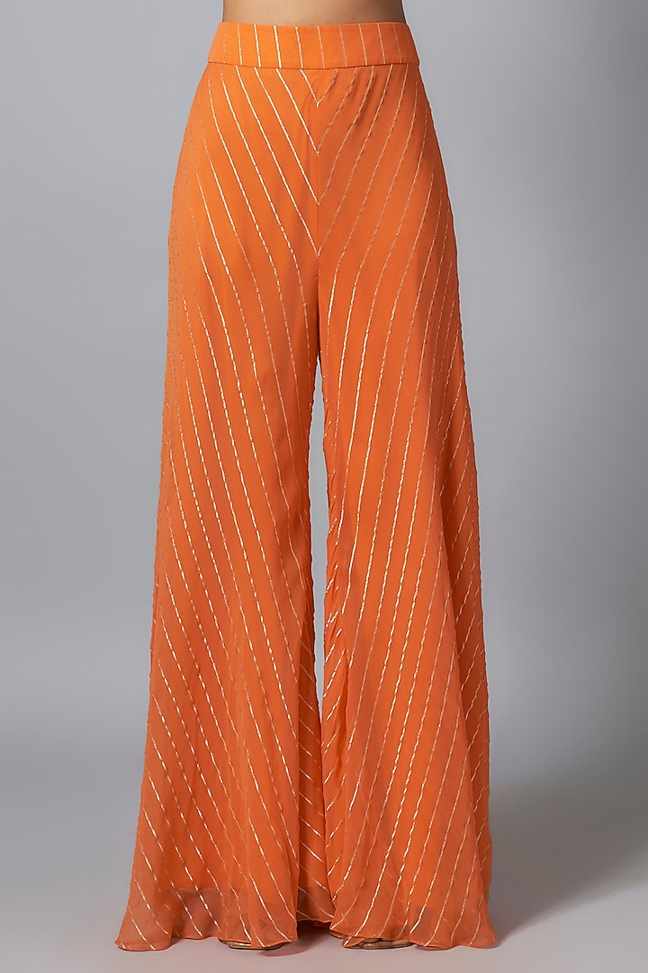 Tangerine Georgette Asymmetrical Gota Striped Cape Set by Kresha Lulla at Pernia's Pop Up Shop