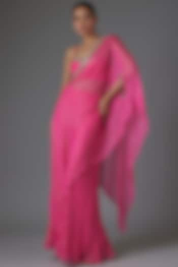 Pink Georgette Sequins & Bead Embroidered Asymmetric Cape Set by Kresha Lulla at Pernia's Pop Up Shop