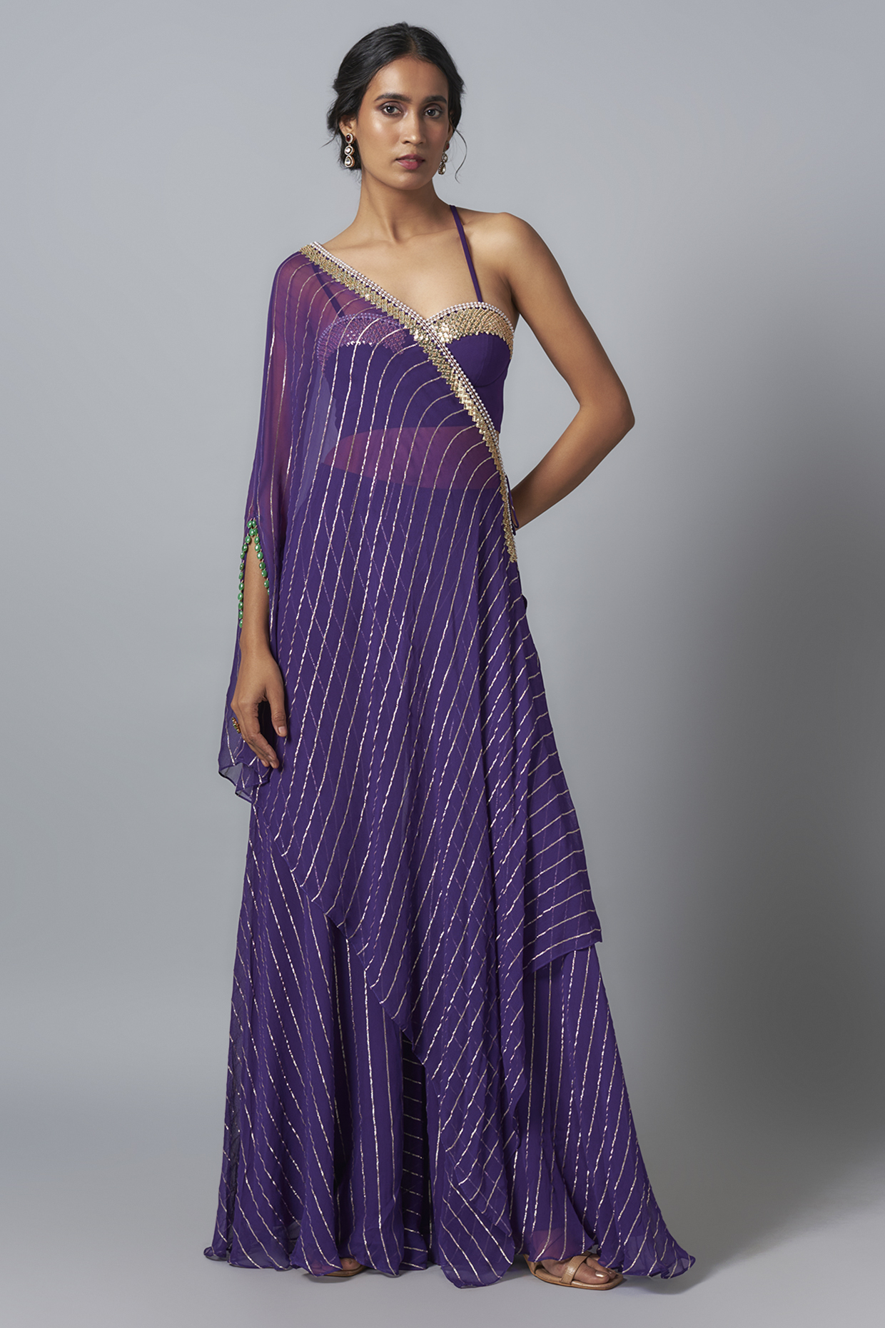 Purple Georgette Asymmetrical Gota Striped Cape Set by Kresha Lulla at Pernia's Pop Up Shop