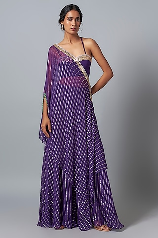 Purple Georgette Asymmetrical Gota Striped Cape Set by Kresha Lulla