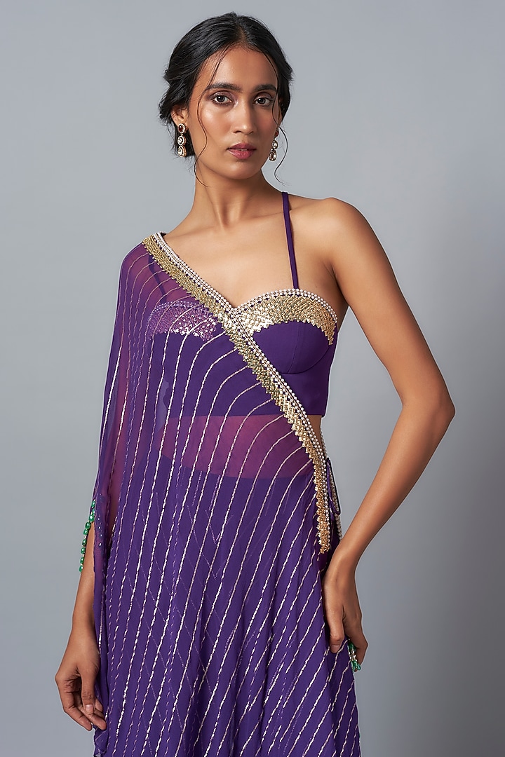 Purple Georgette Asymmetrical Gota Striped Cape Set by Kresha Lulla at Pernia's Pop Up Shop