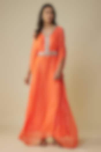 Tangerine Georgette Sequins Embroidered Kaftan by Kresha Lulla at Pernia's Pop Up Shop